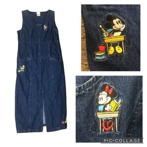 Disney Store Vtg Denim Jumper Dress Sz M Mickey Minnie Mouse Slit School Theme